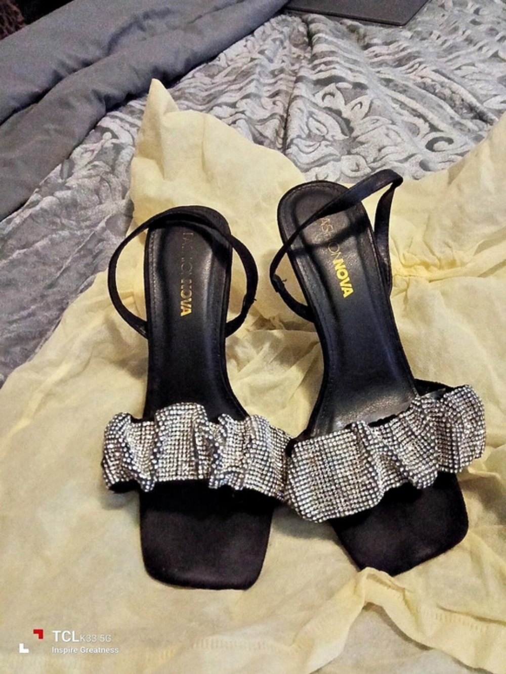 FASHION NOVA Rhinestone Embellished Heels in Black & Silver Like New